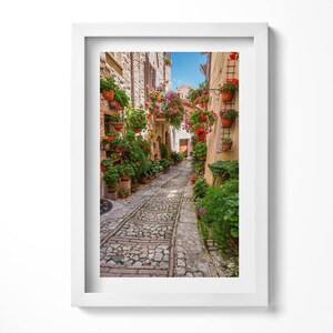 A Flowery Street In Italy Painting in Frame, City Wall Art in Frame, Brown Wall Art, Home Decorations