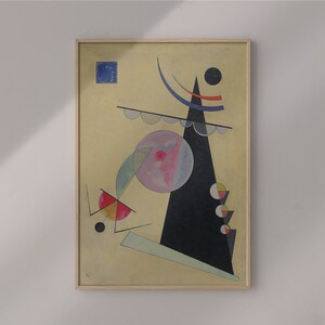 Puede incluir: Impresión de arte abstracto con un triángulo negro, un círculo rosa y otras formas geométricas sobre un fondo amarillo.