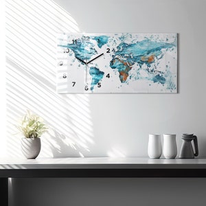 Reloj con mapa del mundo impreso en agua, reloj de cristal turquesa, reloj colgante con mapa, reloj personalizado, números o líneas