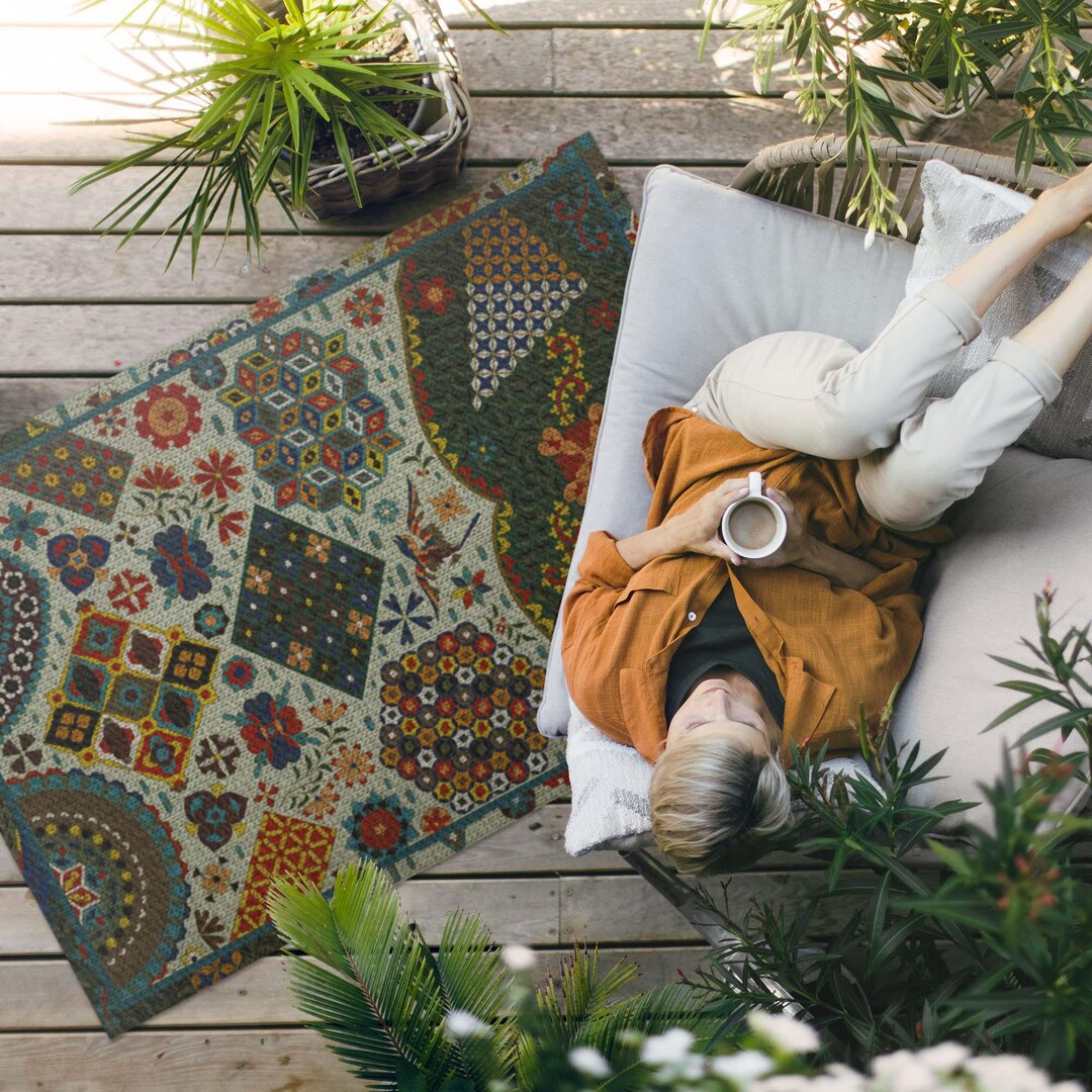 Japanese by Albert Racinet Outdoor Rug, Patterns Patio Carpet, Green ...
