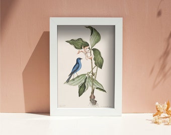 Blue Linnet By Mark Catesby Poster, Beige Museum Reproduction, Green Art Nouveau, Retro Gift For New Home, Quality Graphics