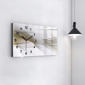 Horloge murale moderne abstraite et lumineuse, horloge en verre blanc, horloge minimaliste abstraite, horloge personnalisée, chiffres ou lignes