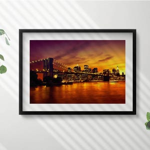 Evening View Of The Brooklyn Bridge Framed Art, City Illustration in Frame , Red Wall Art, Home Decorations