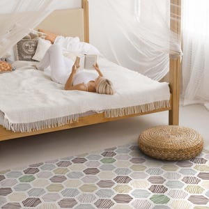 Patterned Hexagons In Pastel Boho Colors Bedroom Rug, Tiles And Tiles Vinyl Carpet, Beige Vinyl Rug, Waterproof Rug, Pet Friendly Rug