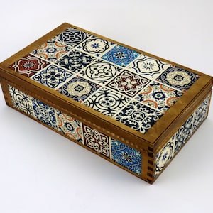 Wooden tea box with 8 compartments Azulejos colorful Patchwork. Brown stain