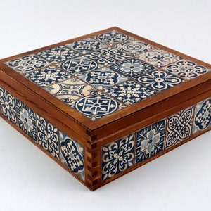 Brown, wooden tea box, Azulejos , Patchwork. Made in Poland