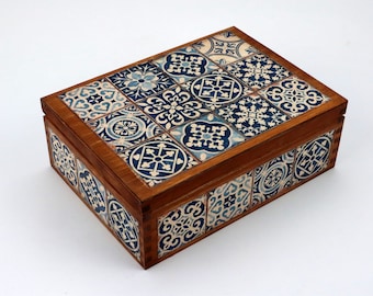 Teebox aus Holz mit Fächern Azulejos Patchwork 6 Fächer
