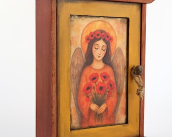 天使の付いた木製のキーキャビネット、ポピーが手描き、ローズウッド、ビンテージ、キーオーガナイザー、ホームギフト。