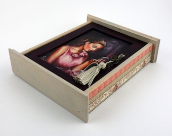 Elegant Wooden Box, Key Cabinet with a Portrait of a Beautiful Young Woman - Rustic Decor.