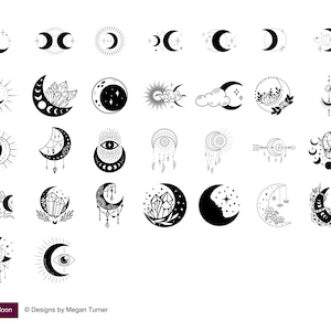 May include: A collection of black and white celestial illustrations featuring moons, stars, crystals, and suns. The designs include various moon phases, dream catchers, and floral elements. The text "Mystical Moon" and the designer's name are at the bottom.