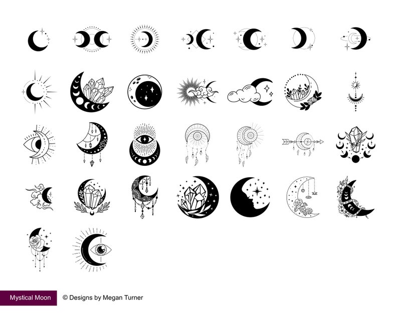 May include: A collection of black and white celestial illustrations featuring moons, stars, crystals, and suns. The designs include various moon phases, dream catchers, and floral elements. The text "Mystical Moon" and the designer's name are at the bottom.