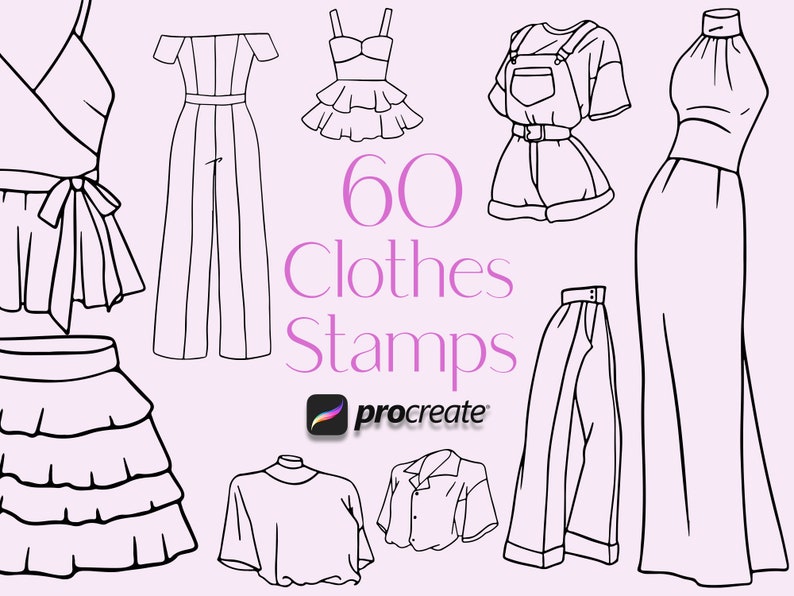 May include: A set of 60 black and white line drawings of different clothing items, including tops, pants, skirts, dresses, and overalls. The text "60 Clothes Stamps procreate" is in the center of the image.