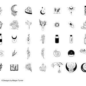 K&ouml;nnte beinhalten: Ein Set mit 36 Schwarzwei&szlig;illustrationen von mystischen und hexenhaften Symbolen, darunter Monde, Kristalle, H&auml;nde, Federn und mehr.