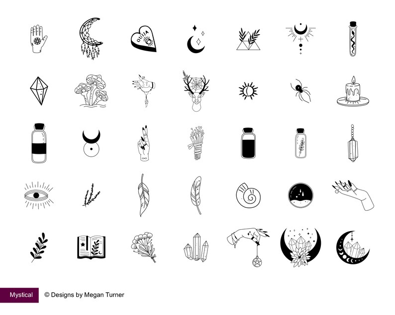 K&ouml;nnte beinhalten: Ein Set mit 36 Schwarzwei&szlig;illustrationen von mystischen und hexenhaften Symbolen, darunter Monde, Kristalle, H&auml;nde, Federn und mehr.