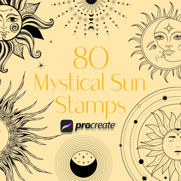 Mystical Sun Procreate Timbres | Timbres Celestial Procreate | Wicca, sorcellerie et magie procréer des timbres | Utilisation commerciale incluse