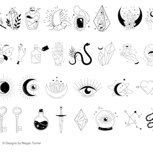 May include: A set of 28 black and white illustrations featuring various mystical and magical symbols, including moons, stars, crystals, eyes, snakes, hearts, keys, and bottles. The illustrations are perfect for use in digital or physical projects.