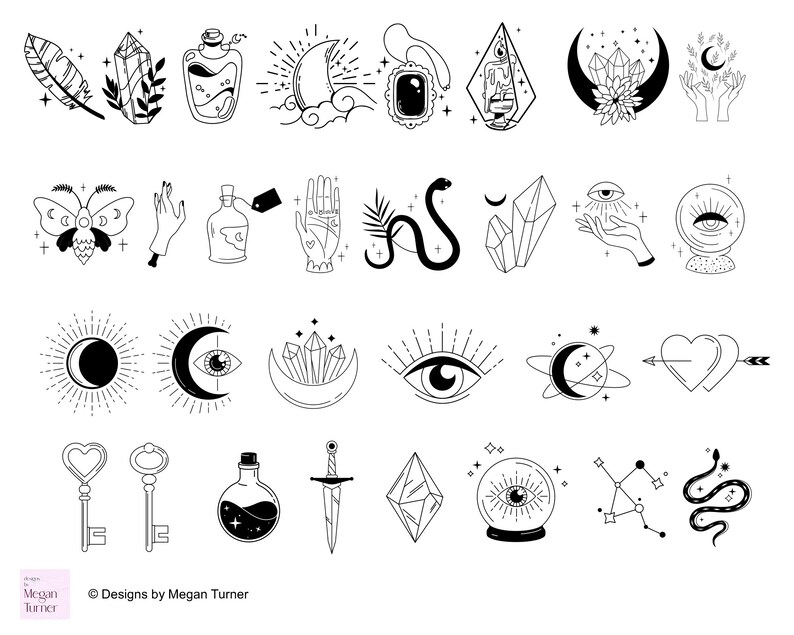 May include: A set of 28 black and white illustrations featuring various mystical and magical symbols, including moons, stars, crystals, eyes, snakes, hearts, keys, and bottles. The illustrations are perfect for use in digital or physical projects.
