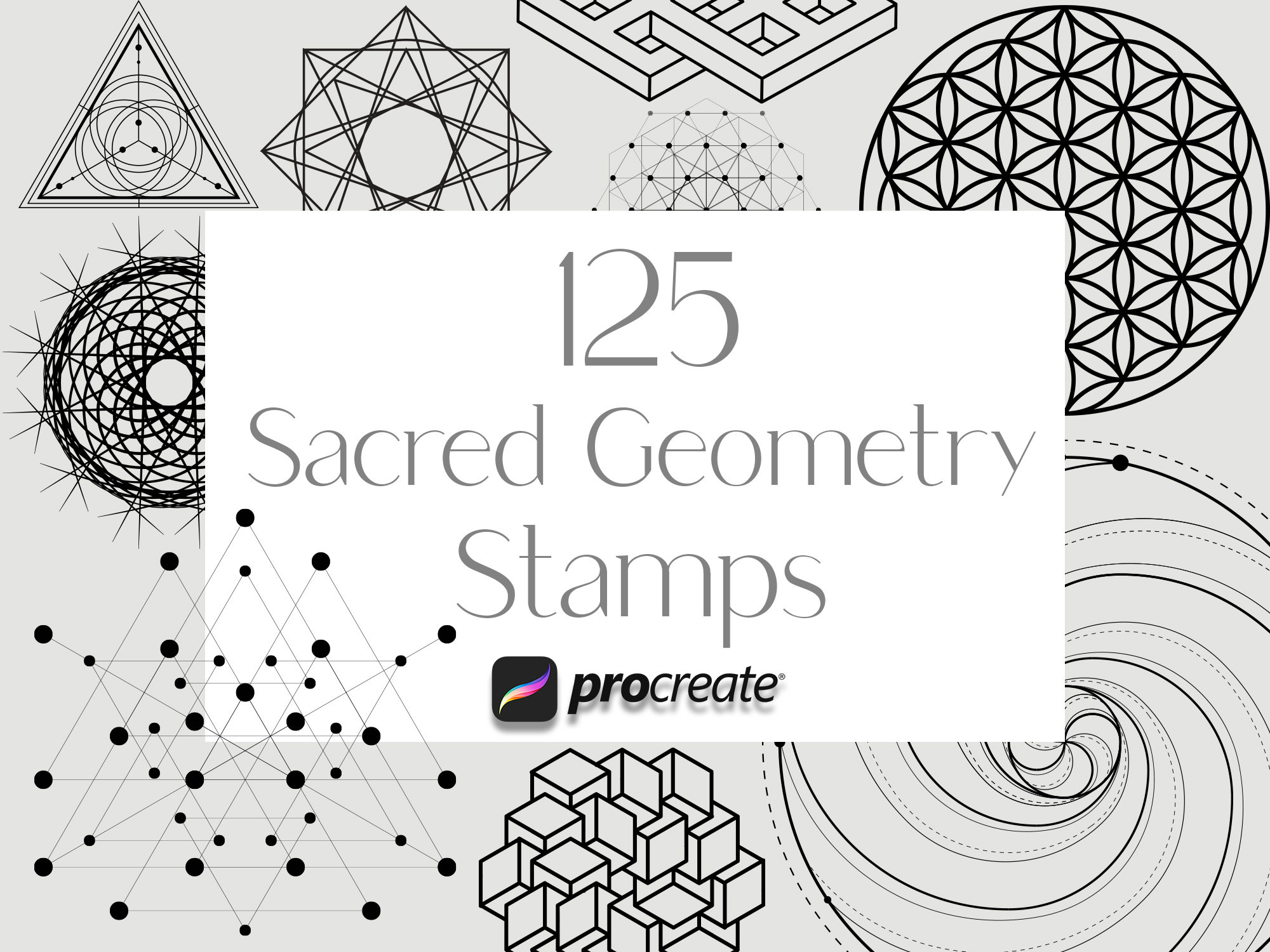 Procreate – Pack de sellos de geometría sagrada: pinceles de formas para tatuaje minimal, símbolos místicos, kit esencial (125)