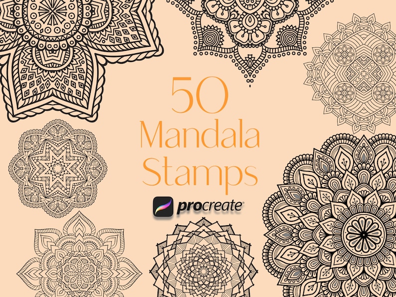 May include: 50 black and white mandala stamps for Procreate. The stamps are intricate and detailed, with a variety of patterns and designs.