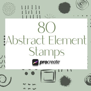 May include: A set of 80 abstract element stamps for Procreate. The stamps are in black and white and feature a variety of shapes, lines, and patterns. The image is set against a light green background.