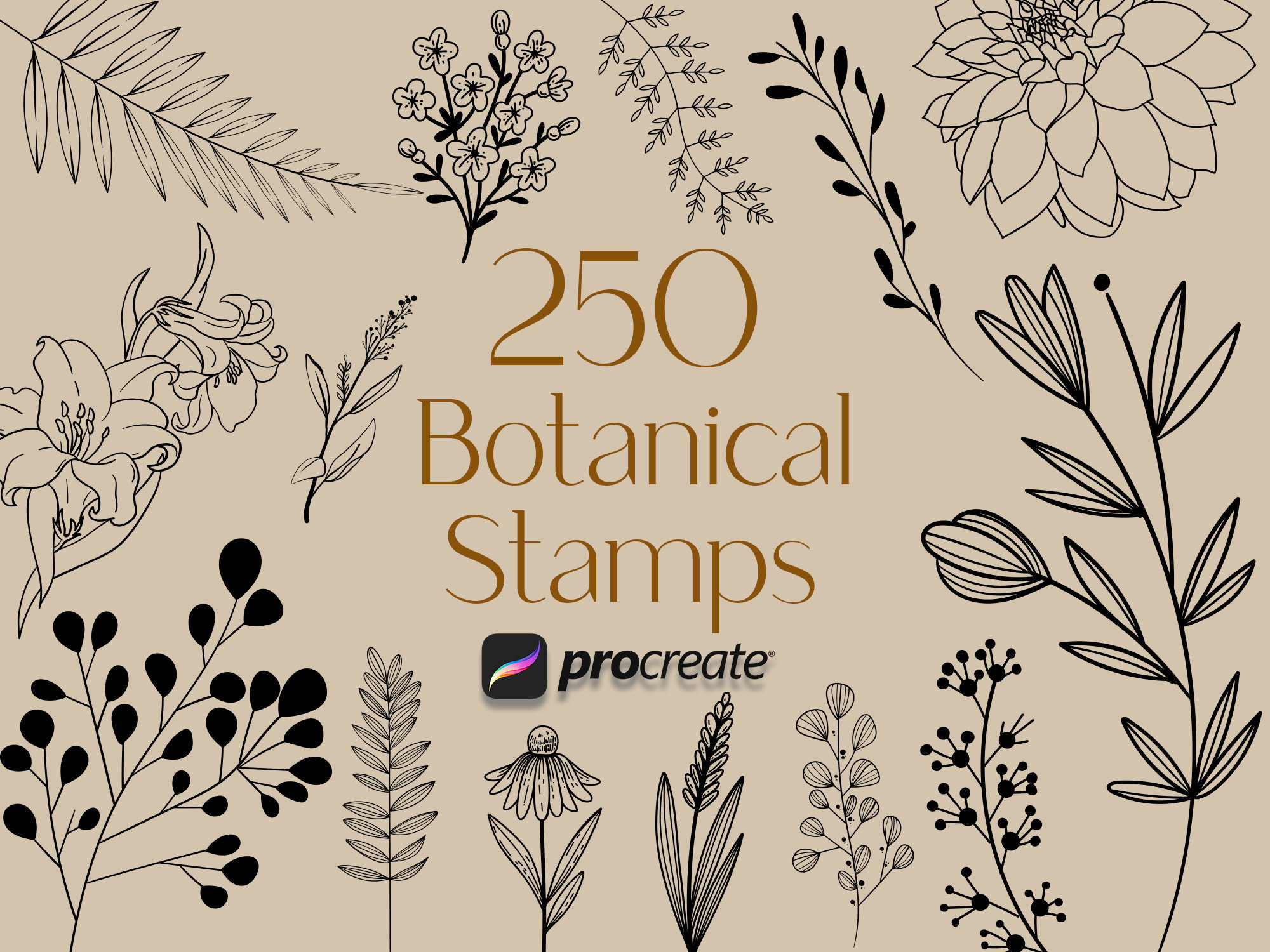 Pack de sellos y pinceles Procreate botánico – 250 sellos de flores, hojas y ramas