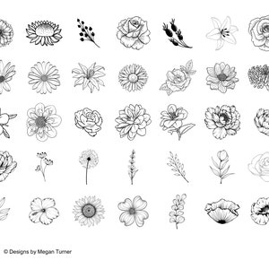 May include: A collection of 36 black and white line drawings of various flowers, including roses, lilies, sunflowers, and daisies. The drawings are simple and elegant, and would be perfect for use in a variety of creative projects.