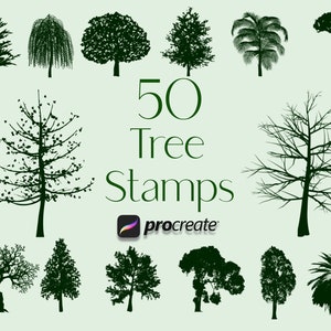 Könnte beinhalten: Ein Satz mit 50 schwarzen und weißen Baum-Silhouetten-Stempeln für Procreate. Die Stempel zeigen eine Vielzahl von Baumarten, darunter Palmen, Kiefern und Laubbäume.