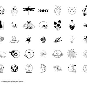 K&ouml;nnte beinhalten: Ein Set mit 36 Schwarzwei&szlig;illustrationen von mystischen und magischen Symbolen, darunter eine Katze, ein Kristall, ein Mond, ein Herz, eine Schlange, eine Libelle, ein Nachtfalter, ein Sch&auml;del, ein Pilz, eine Flasche, ein Auge, ein Diamant, ein Hexenhut, ein K&auml;fer, ein Stern, eine Blume, ein Pfeil, ein Halbmond, eine Katze, eine Kerze, ein Brief, ein Planet, eine Sonne, ein Mond, eine Kristallkugel, eine Hand, ein Mond, eine Hand, eine Flasche und ein Planet.