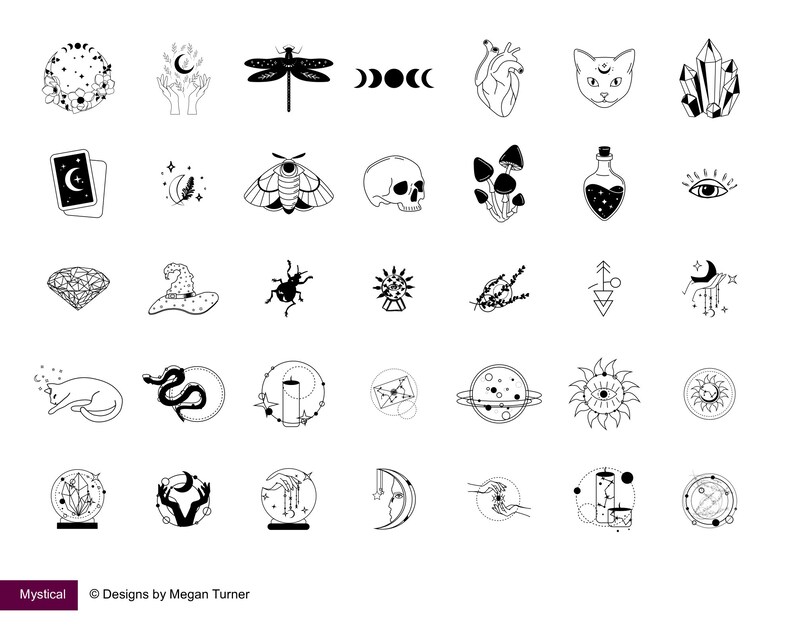 K&ouml;nnte beinhalten: Ein Set mit 36 Schwarzwei&szlig;illustrationen von mystischen und magischen Symbolen, darunter eine Katze, ein Kristall, ein Mond, ein Herz, eine Schlange, eine Libelle, ein Nachtfalter, ein Sch&auml;del, ein Pilz, eine Flasche, ein Auge, ein Diamant, ein Hexenhut, ein K&auml;fer, ein Stern, eine Blume, ein Pfeil, ein Halbmond, eine Katze, eine Kerze, ein Brief, ein Planet, eine Sonne, ein Mond, eine Kristallkugel, eine Hand, ein Mond, eine Hand, eine Flasche und ein Planet.