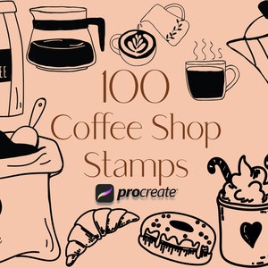 May include: A set of 100 black and white coffee shop themed stamps for use with the Procreate app. The stamps include images of coffee beans, coffee cups, coffee pots, pastries, and other coffee shop related items.