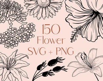 150 Flower SVG Bundle: Botanical Clipart, Tattoo Designs (PNG)