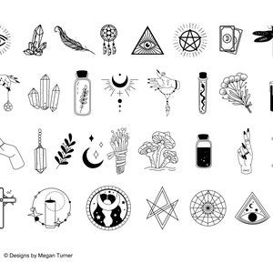 May include: A set of 25 black and white illustrations of various mystical and occult symbols, including crystals, eyes, candles, moons, stars, and more.