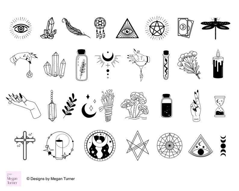 May include: A set of 25 black and white illustrations of various mystical and occult symbols, including crystals, eyes, candles, moons, stars, and more.
