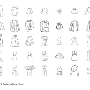 May include: A collection of 36 black and white line drawings of different clothing items, including dresses, skirts, pants, tops, jackets, and sweaters. The drawings are simple and stylized, and they are all arranged in a grid pattern.