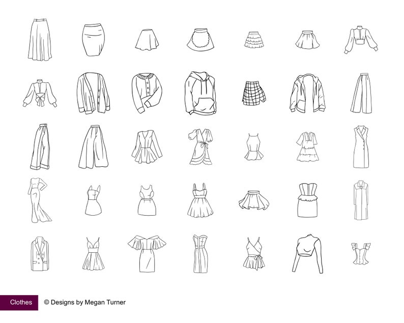 May include: A collection of 36 black and white line drawings of different clothing items, including dresses, skirts, pants, tops, jackets, and sweaters. The drawings are simple and stylized, and they are all arranged in a grid pattern.
