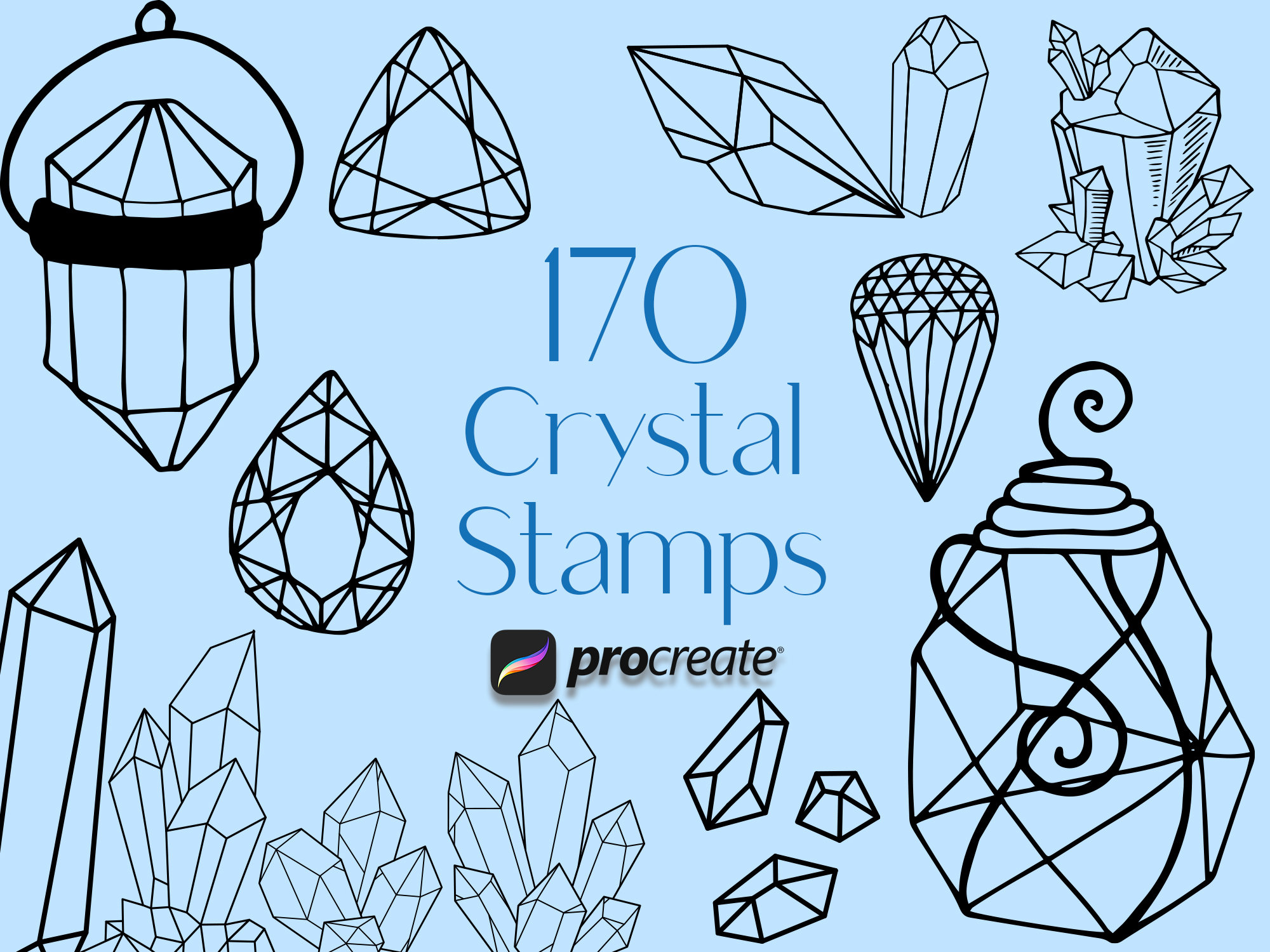 Procreate Crystal & Gemstone Stamps Brush Set – 170 Witchcraft & Celestial Stamp Brushes