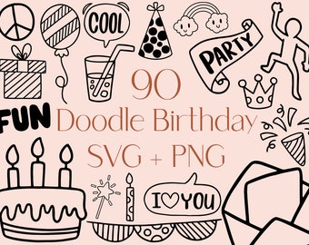 落書き風誕生日SVG：パーティーアイコン、ケーキ、キャンドル（デジタルダウンロード）