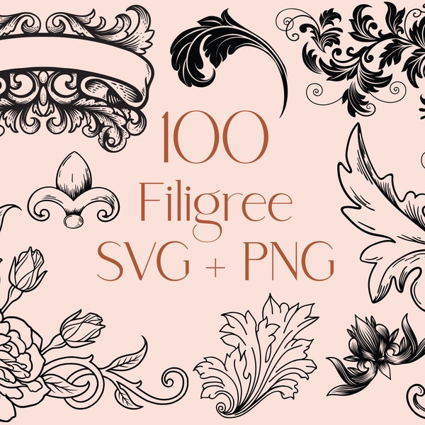 Paquete SVG de acanto, Paquete SVG de filigrana, Ornamento decorativo Svg, Svg barroco, Svg vintage, Remolinos Svg, Uso comercial incluido