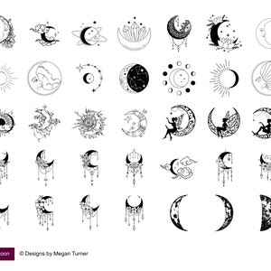May include: A collection of black and white celestial illustrations featuring moons, suns, stars, and fairies. The designs include crescent moons with floral accents, crystal formations, and detailed patterns. The text "Mystical Moon" and "Designs by Megan Turner" are at the bottom.