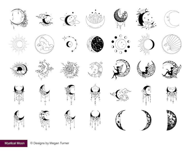 May include: A collection of black and white celestial illustrations featuring moons, suns, stars, and fairies. The designs include crescent moons with floral accents, crystal formations, and detailed patterns. The text "Mystical Moon" and "Designs by Megan Turner" are at the bottom.