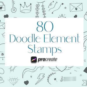 May include: A light blue background with 80 doodle element stamps for Procreate. The doodles are in black and white and include hearts, stars, arrows, crowns, and more.