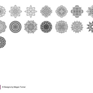 May include: A collection of 14 black and white mandala designs. The mandalas are intricate and detailed, with a variety of patterns and shapes.