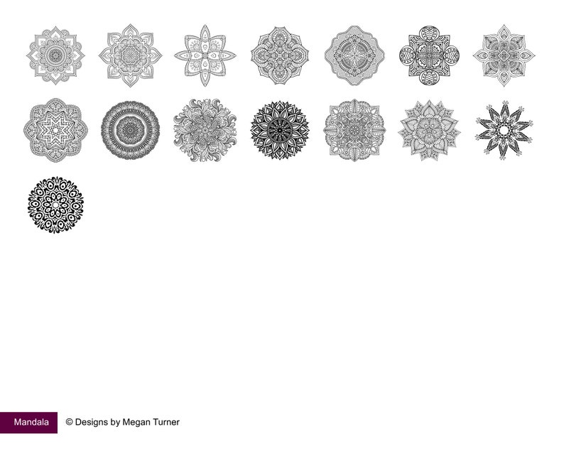 May include: A collection of 14 black and white mandala designs. The mandalas are intricate and detailed, with a variety of patterns and shapes.