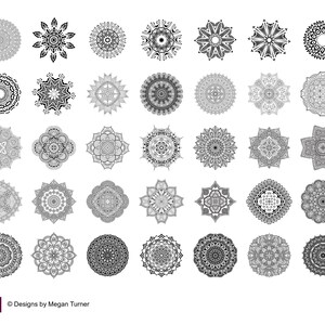 May include: A set of 36 black and white mandala designs. The mandalas are intricate and detailed, with a variety of patterns and shapes. The designs are perfect for colouring, crafting, or simply enjoying the beauty of these intricate patterns.