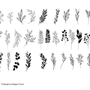 May include: A set of 30 black and white line art floral illustrations. The illustrations feature various types of leaves, branches, and flowers. The illustrations are perfect for adding a touch of nature to your designs.