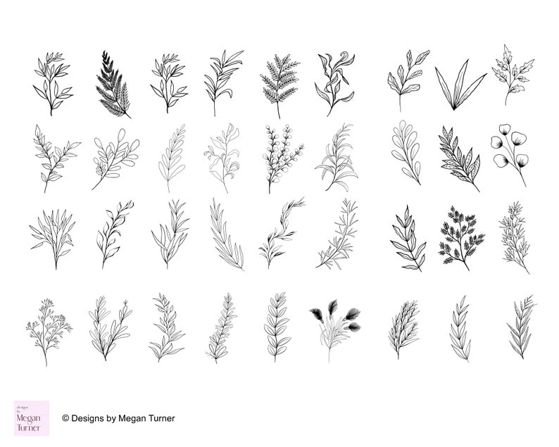 May include: A set of 40 black and white line drawings of various floral and leafy botanical elements. The drawings are simple and elegant, and would be perfect for use in wedding invitations, stationery, or other design projects.