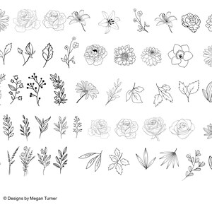 May include: A collection of 48 black and white line drawings of various flowers, leaves, and floral arrangements. The drawings are simple and elegant, and would be perfect for use in a variety of creative projects.