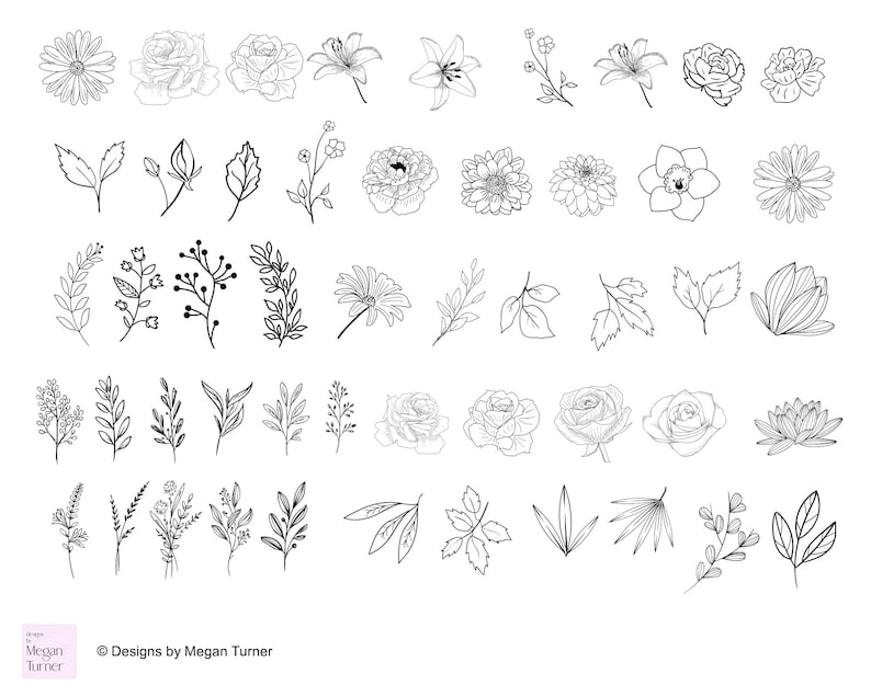 May include: A collection of 48 black and white line drawings of various flowers, leaves, and floral arrangements. The drawings are simple and elegant, and would be perfect for use in a variety of creative projects.
