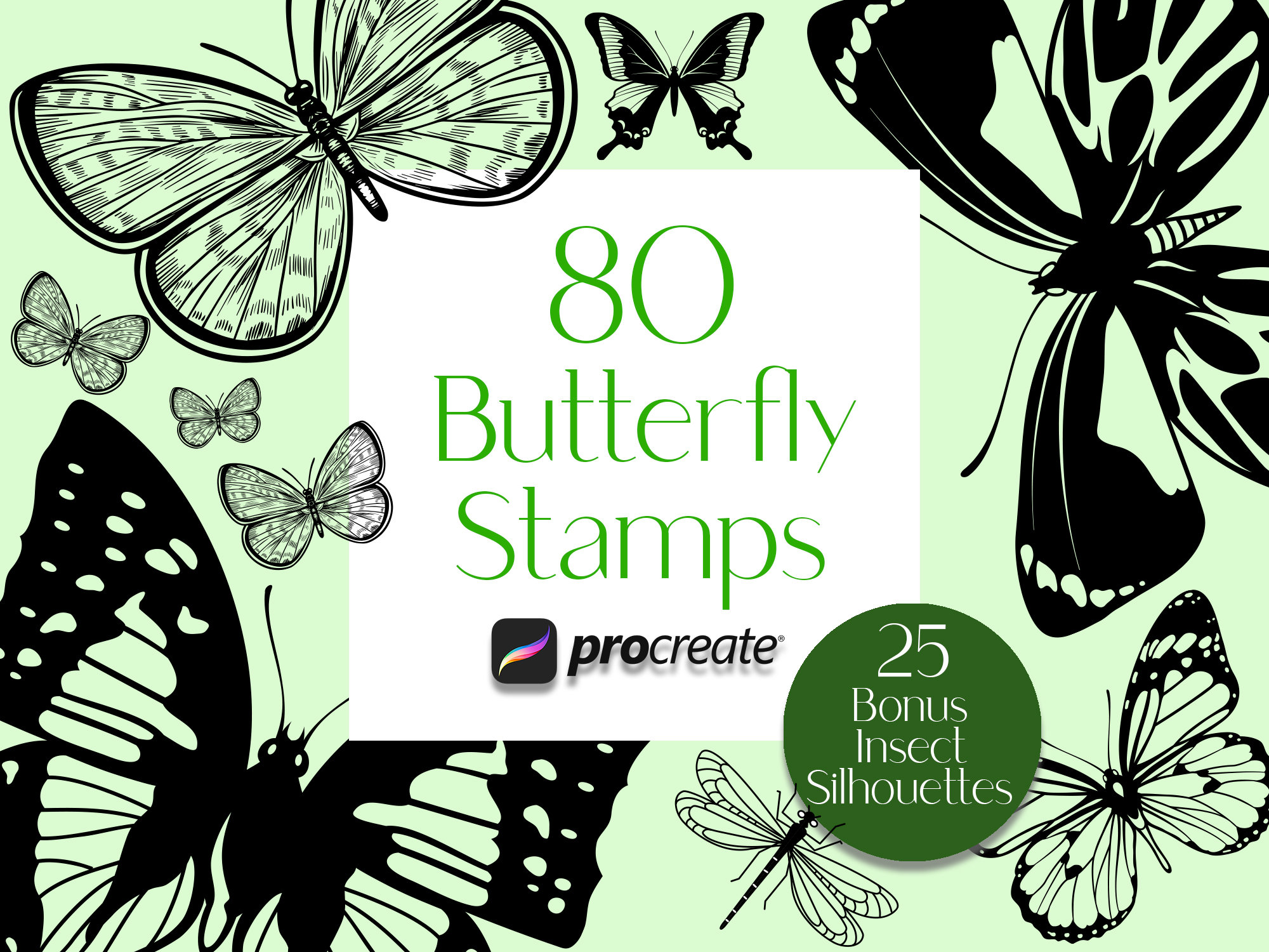 Pack de sellos de mariposas para Procreate | Pinceles de sello de tatuaje de insectos, libelulas, mariquitas y abejas