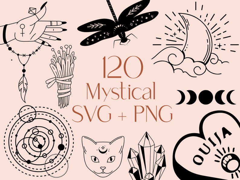 May include: A set of 120 mystical SVG and PNG digital illustrations. The illustrations include a crescent moon, a dragonfly, a cat, a crystal, a hand with a feather charm, a bundle of sage, a celestial design, and a heart with the word "Ouija" written on it.